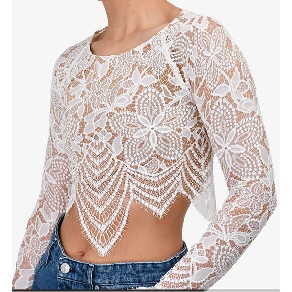 For Love & Lemons Guava Lace Crop Top Size XS Scalloped Hem Long Sleeves - Picture 1 of 14